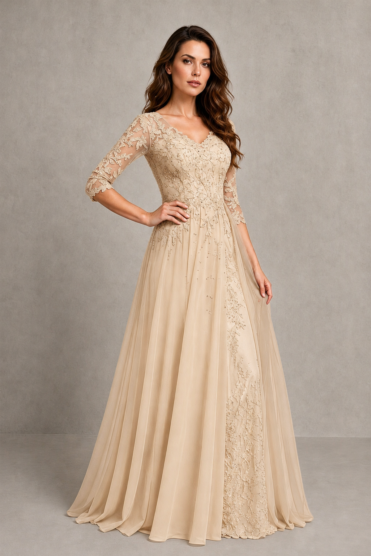BOLODOO Midnight Champagne Beaded Lace Appliqué Chiffon A-Line Gown | Mother of the Bride & Formal Evening Dress - Champagne - Champagne_3