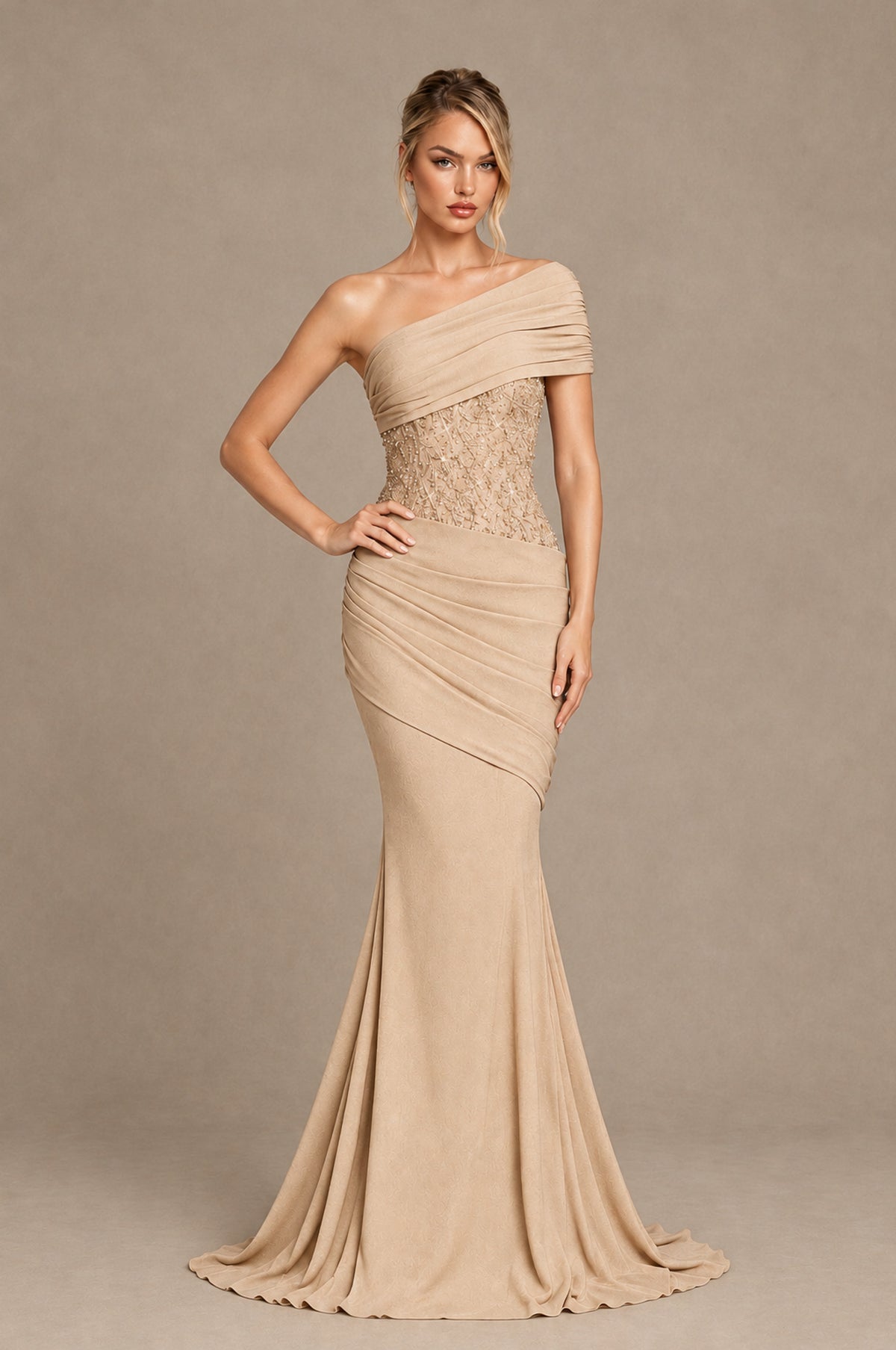 BOLODOO Champagne One-Shoulder Sequin Embroidered Ruched Mermaid Gown with Train - Champagne - Champagne_3