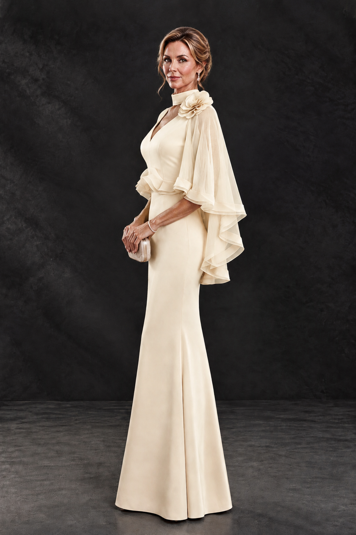 BOLODOO Champagne Floral Cape Sleeve Mother of the Bride Dress - Champagne - Champagne_3