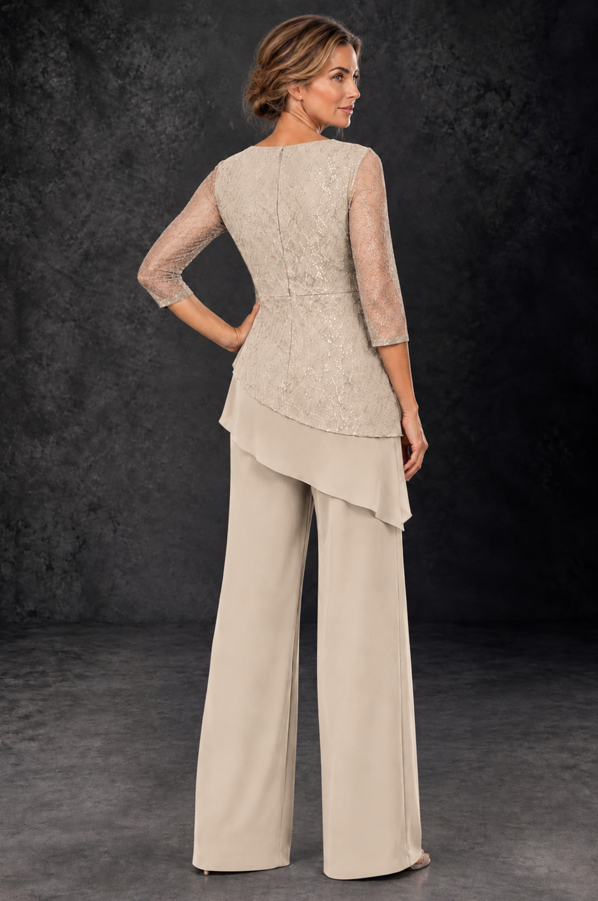 BOLODOO Champagne Sequin Lace 3/4 Sleeve Chiffon Mother of the Bride Pant Suit - Champagne - Champagne_3