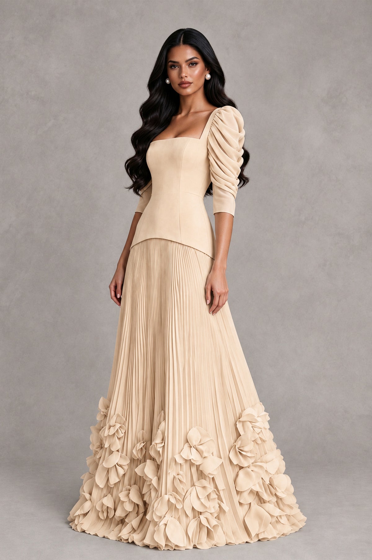 BOLODOO Champagne Square Neck Pleated Floral Applique Evening Dress - Champagne - Champagne_3