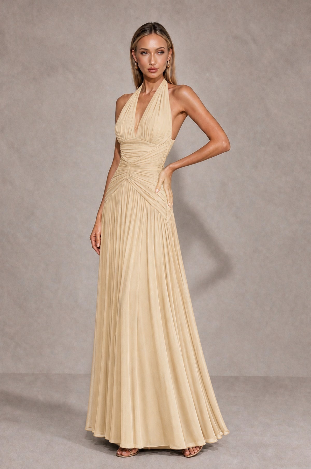 BOLODOO Champagne Chiffon Halter Deep V-Neck Ruched A-Line Backless Maxi Dress with Train-BD0167 - Champagne - Champagne_3