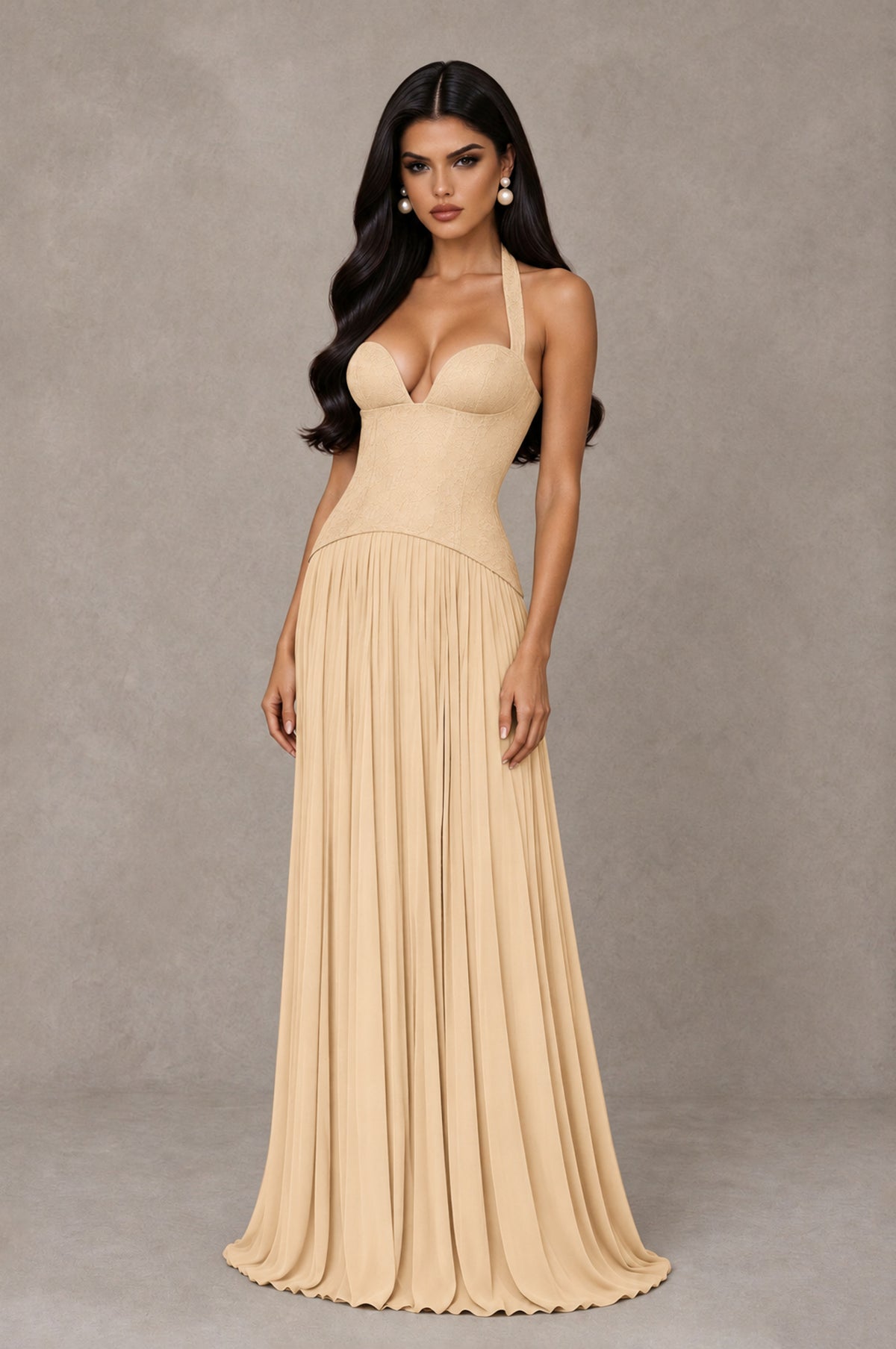 BOLODOO Champagne Halter Corset Pleated A-Line Evening Dress - Champagne - Champagne_3