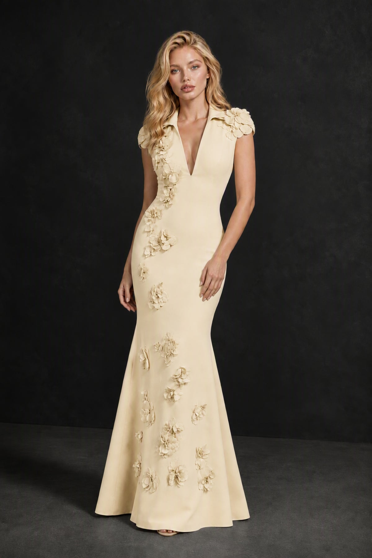 BOLODOO Champagne 3D Floral Appliqué Deep V-Neck Cap Sleeve Mermaid Gown - Champagne