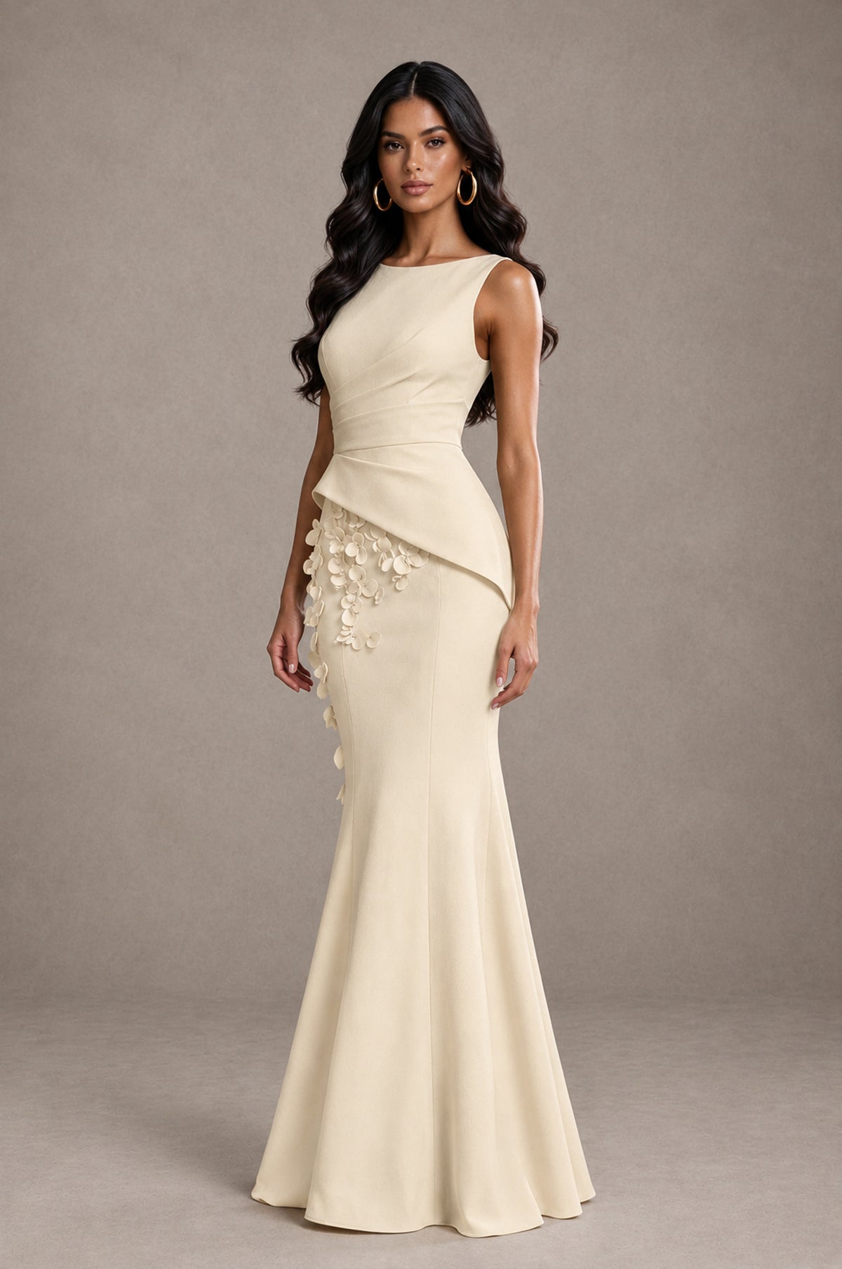 BOLODOO Champagne Bateau Neck Sleeveless Asymmetric Peplum 3D Petal Appliqué Mermaid Gown BD0421 - Champagne - Champagne_3