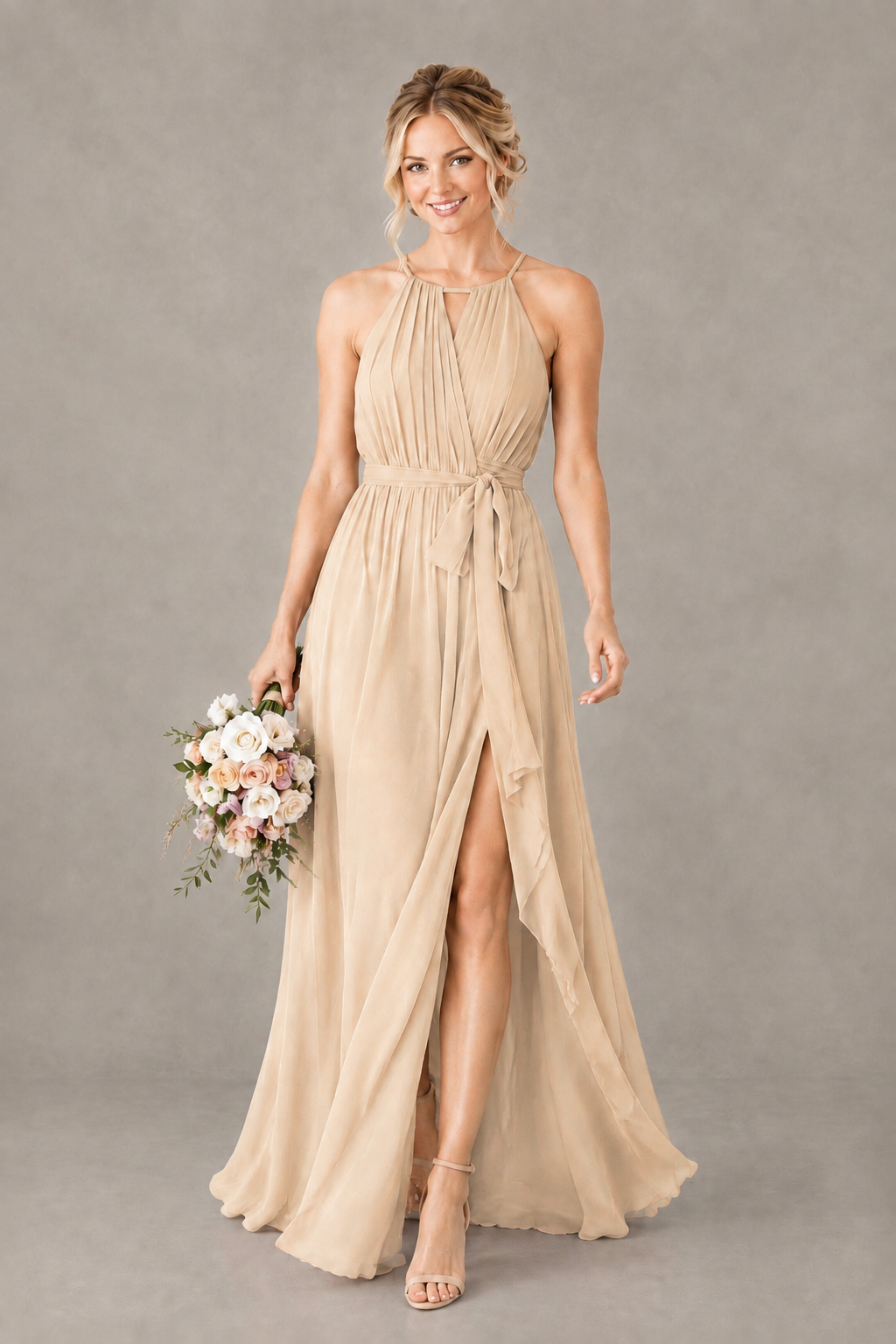 BOLODOO Champagne Halter Chiffon Bridesmaid Dress with High Slit - Champagne