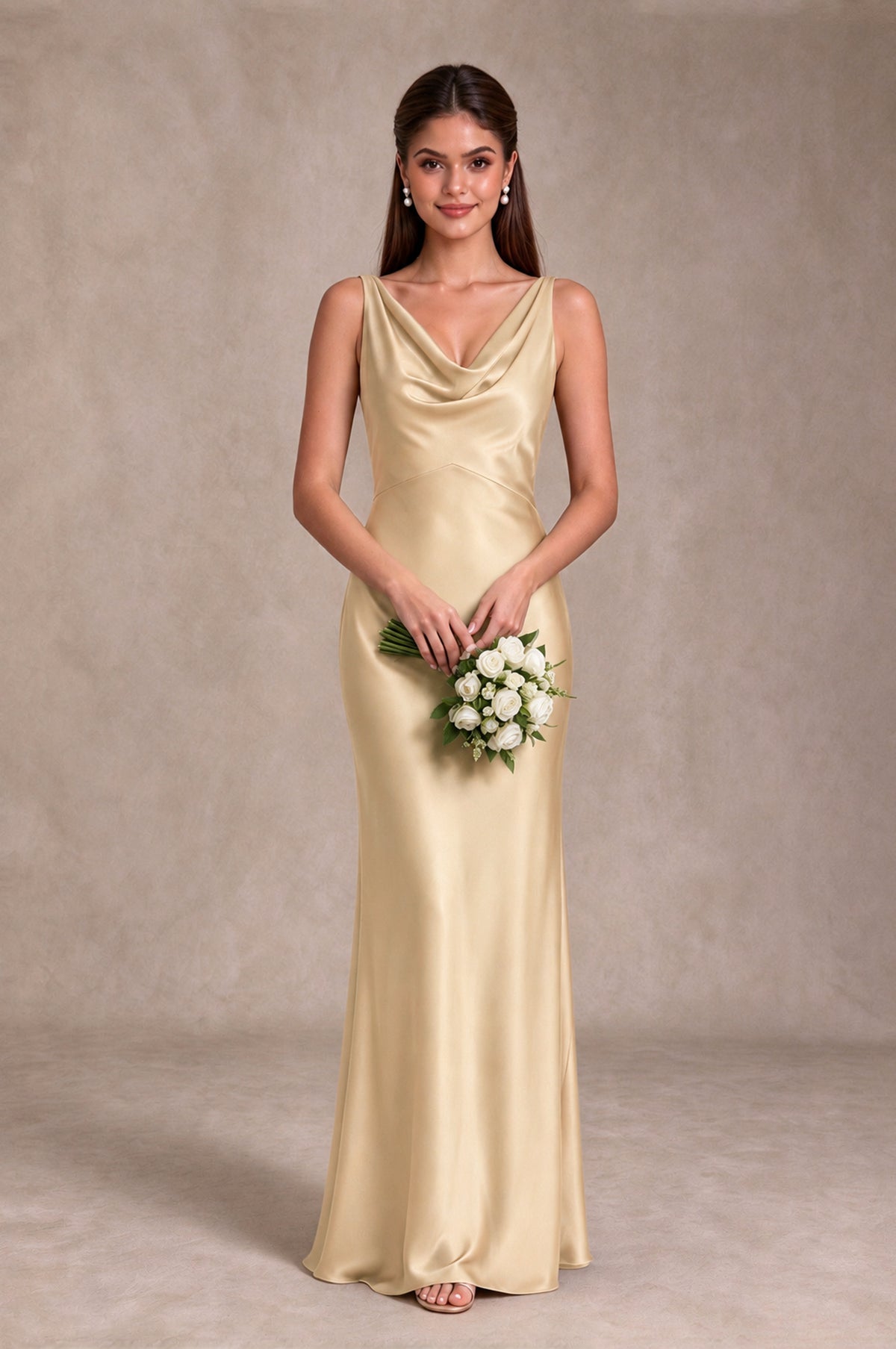 BOLODOO Champagne Cowl Neck Open Back Satin Bridesmaid Dress - Champagne - Champagne_3