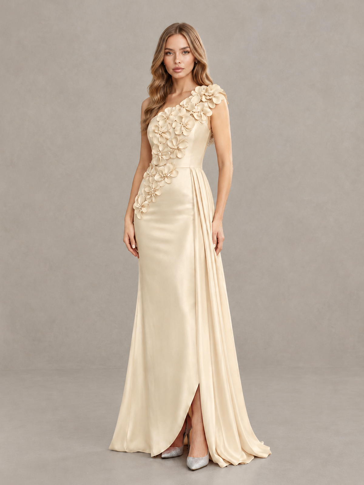 BOLODOO Champagne One-Shoulder Satin Mermaid Evening Gown with 3D Floral Appliqué - Champagne - Champagne_3