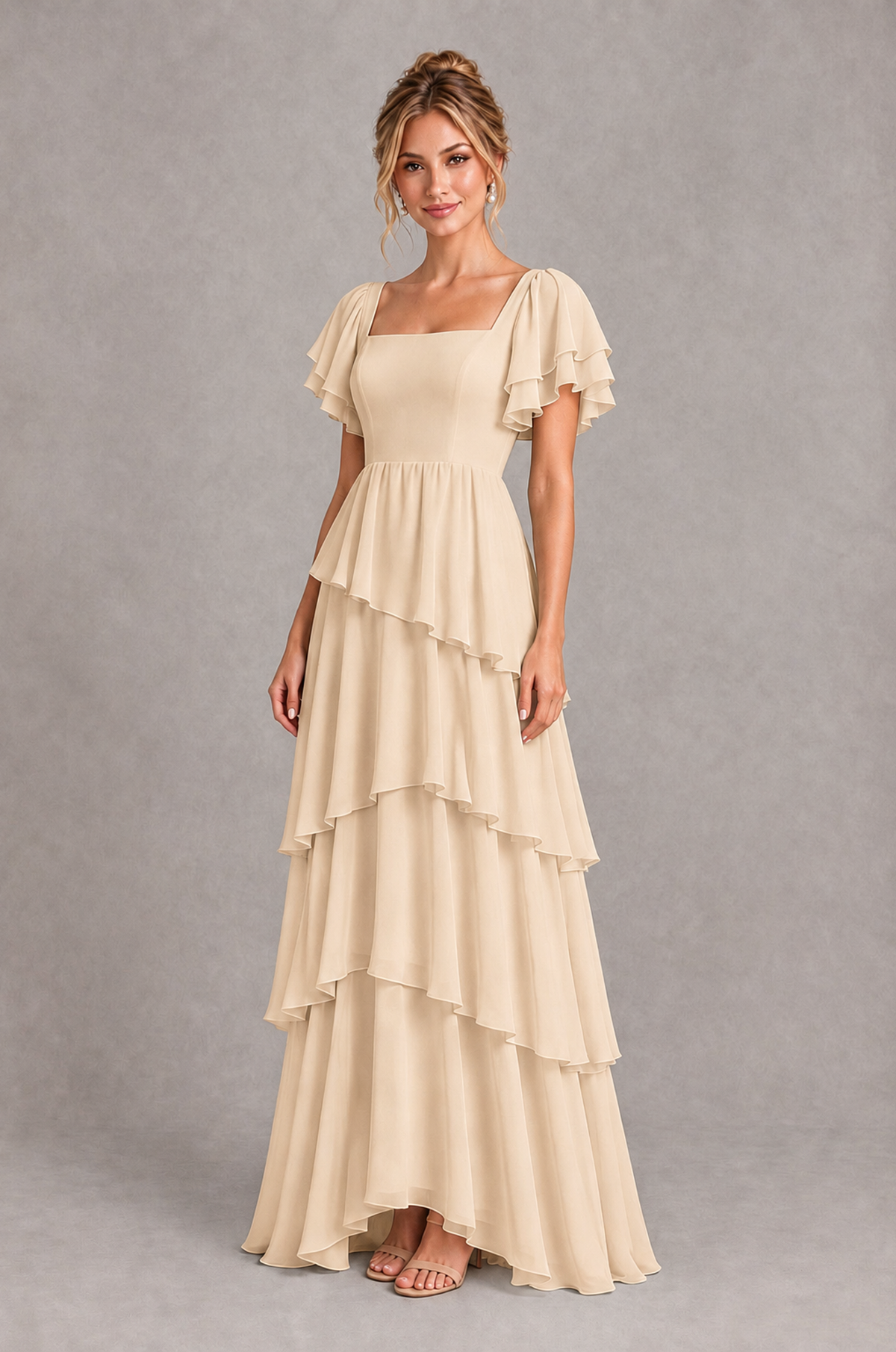 BOLODOO Champagne Square Neck Flutter Sleeve Tiered Chiffon Bridesmaid Dress with Lace-Up Back - Champagne - Champagne_3