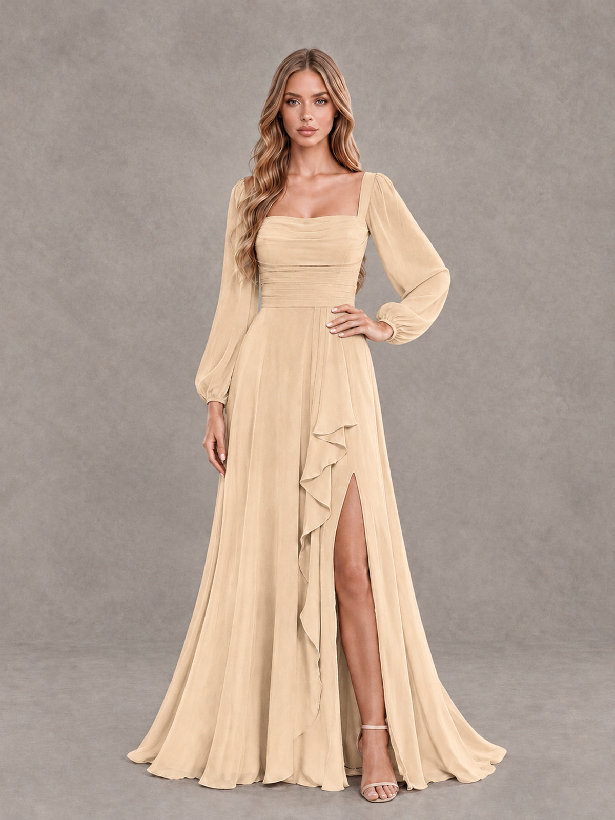 BOLODOO Champagne Square Neck Long Sleeve Bridesmaid Dress with Ruffle Slit - Champagne - Champagne_3