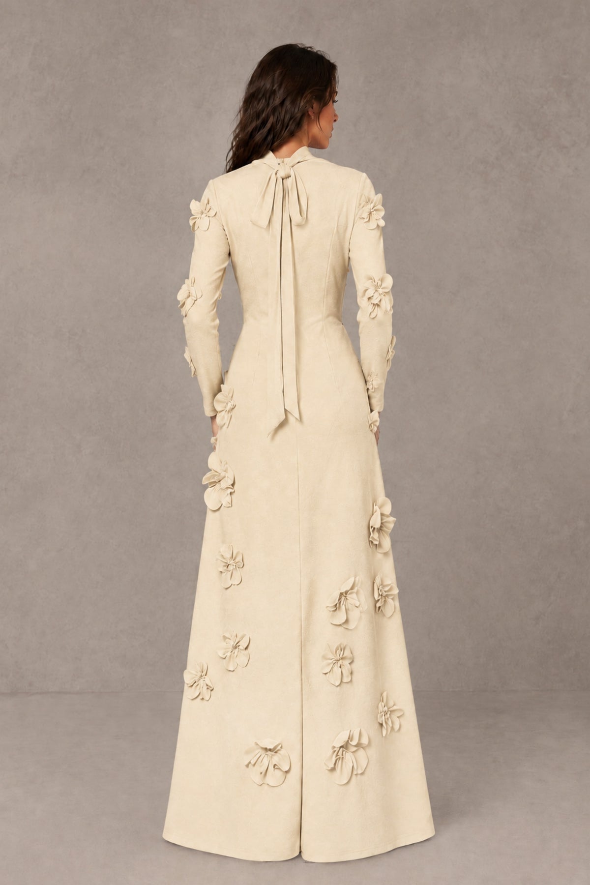 BOLODOO Champagne High Neck Long Sleeve 3D Floral Evening Gown - Champagne