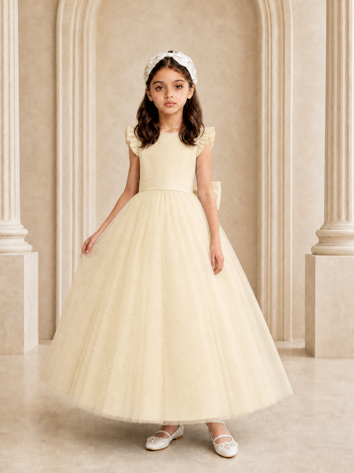BOLODOO Champagne Tulle Flower Girl Dress with Ruffle Sleeves & Bow Back - Champagne - Champagne_3