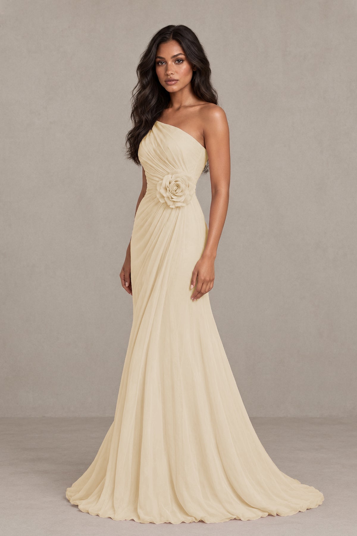 BOLODOO Champagne One-Shoulder Floral Ruched Maxi Dress - Champagne