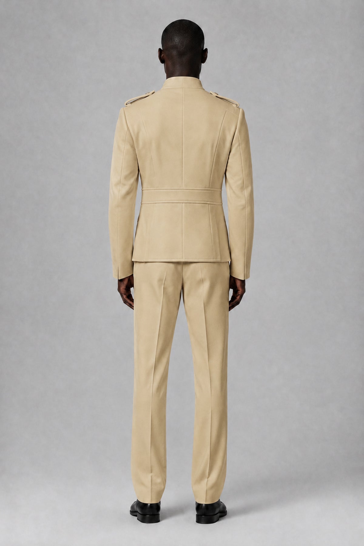 Bolodoo Men's Champagne Military-Inspired Two-Piece Suit with Stand Collar - Champagne - Champagne_3