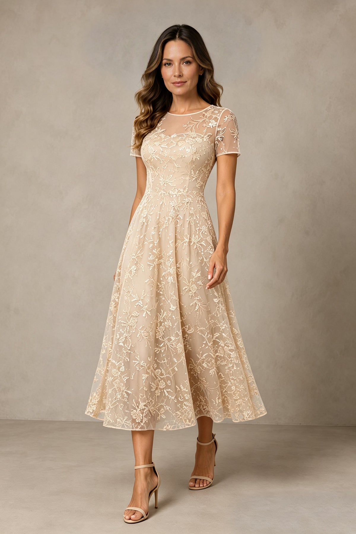 BOLODOO Champagne Textured Floral A-Line Dress with Short Sleeves - Champagne