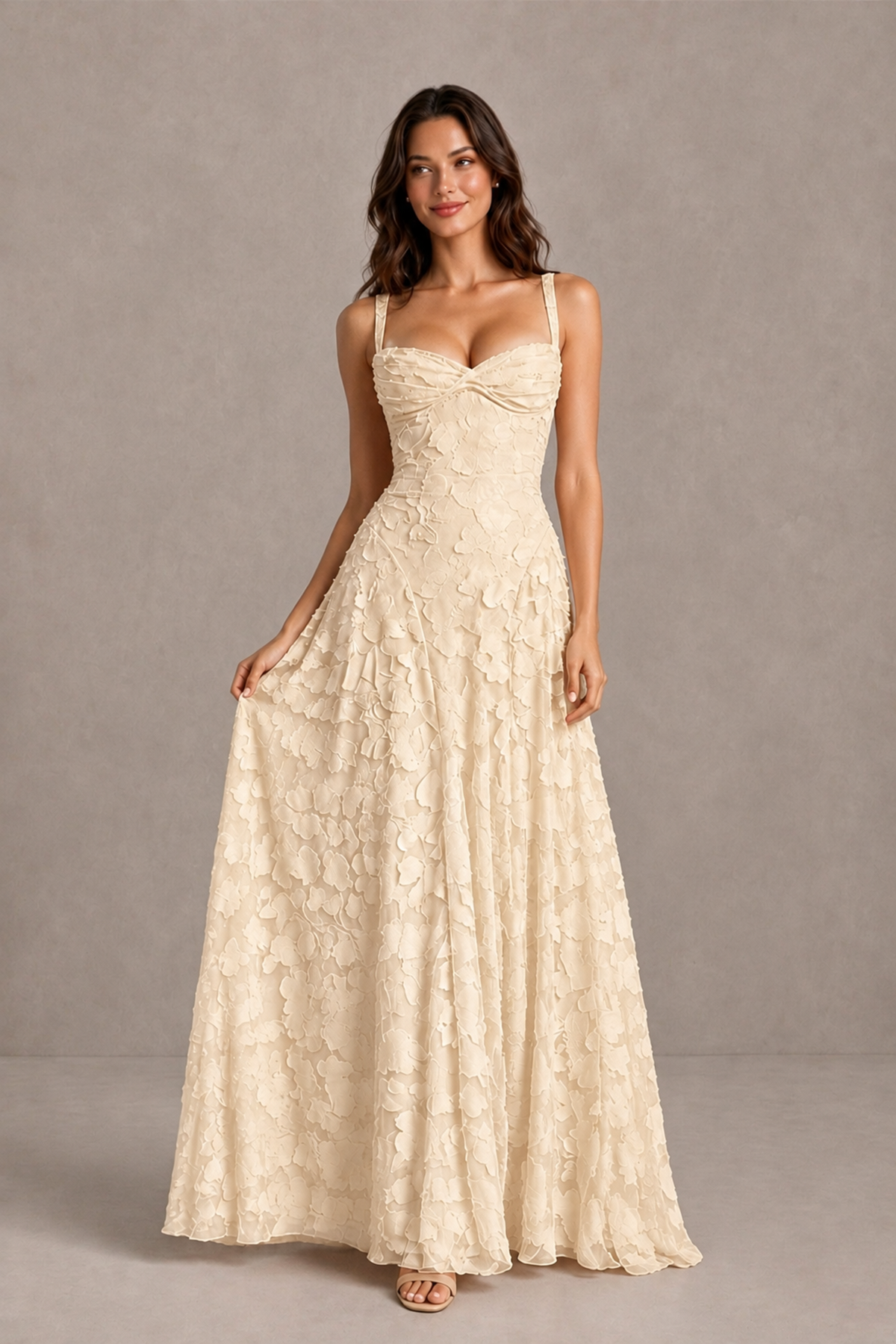 BOLODOO Champagne Floral-Textured A-Line Dress with Lace-Up Back - Champagne - Champagne_3
