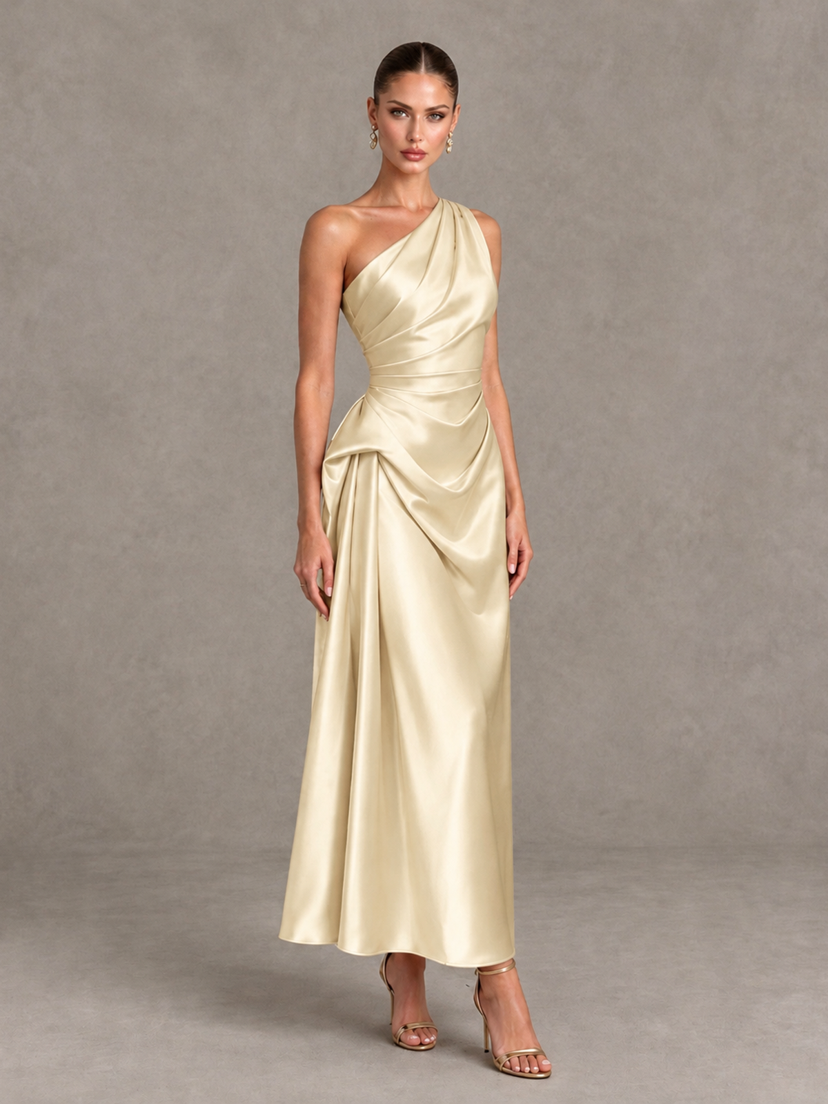 BOLODOO Champagne One Shoulder Satin Cocktail Dress with Draped A-Line Skirt - Champagne - Champagne_3
