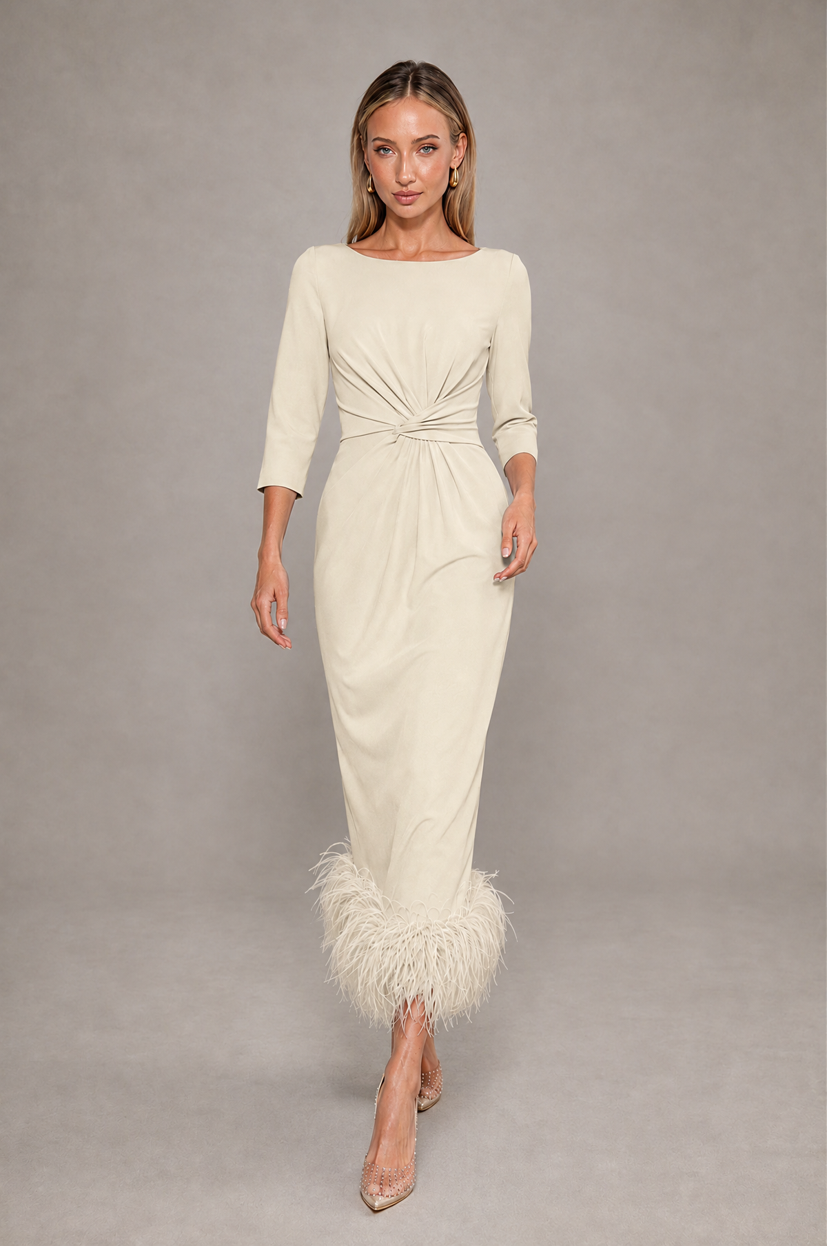 BOLODOO Champagne Feather-Trim Twist-Waist Midi Dress - Champagne - Champagne_3
