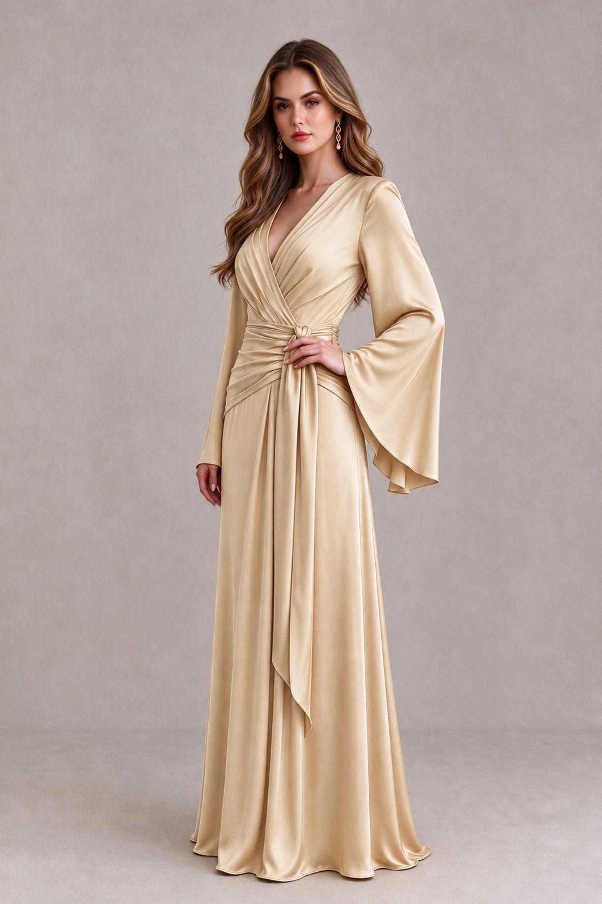 BOLODOO Champagne Yellow Satin-Look V-Neck Long Bell Sleeve Evening Dress - Champagne - Champagne_3
