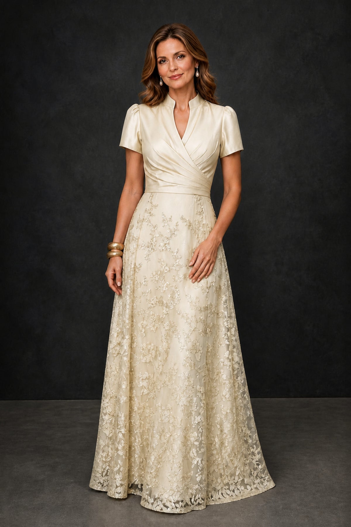 BOLODOO Champagne Satin Wrap V-Neck Short Sleeve Lace Glitter A-Line Floor Length Evening Gown – Formal Dress - Champagne