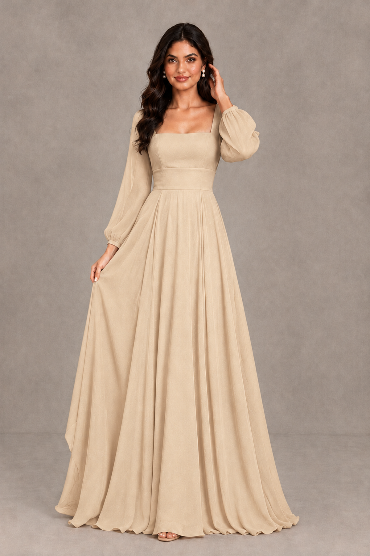 BOLODOO Champagne Square Neck Long Sleeve A-Line Bridesmaid Dress - Champagne - Champagne_3