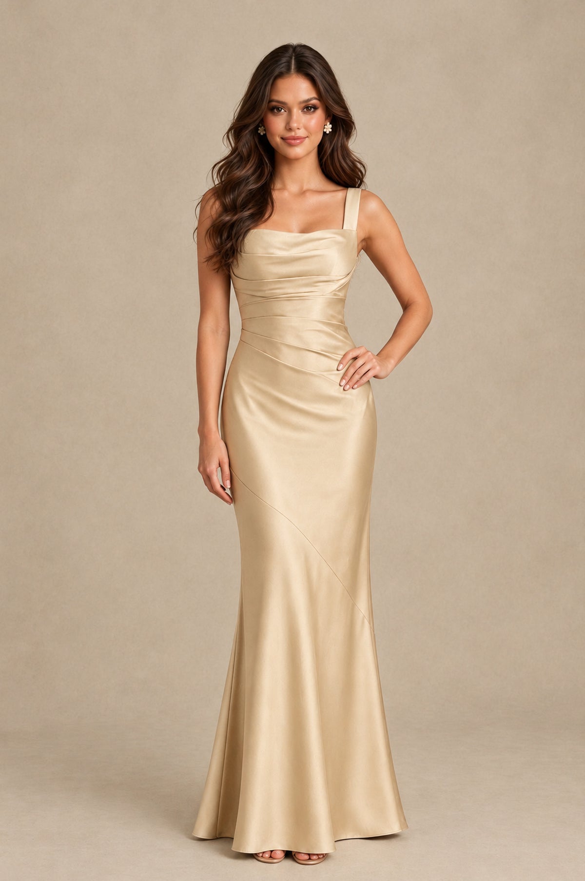 BOLODOO Champagne Square Neck Ruched Satin Lace-Up Bridesmaid Dress - Champagne - Champagne_3