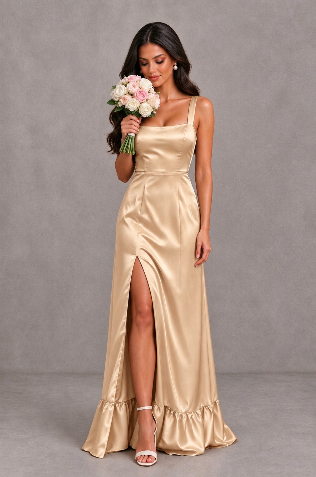 BOLODOO Champagne Square Neck Satin Evening Dress with Lace-Up Back and High Slit - Champagne - Champagne_3