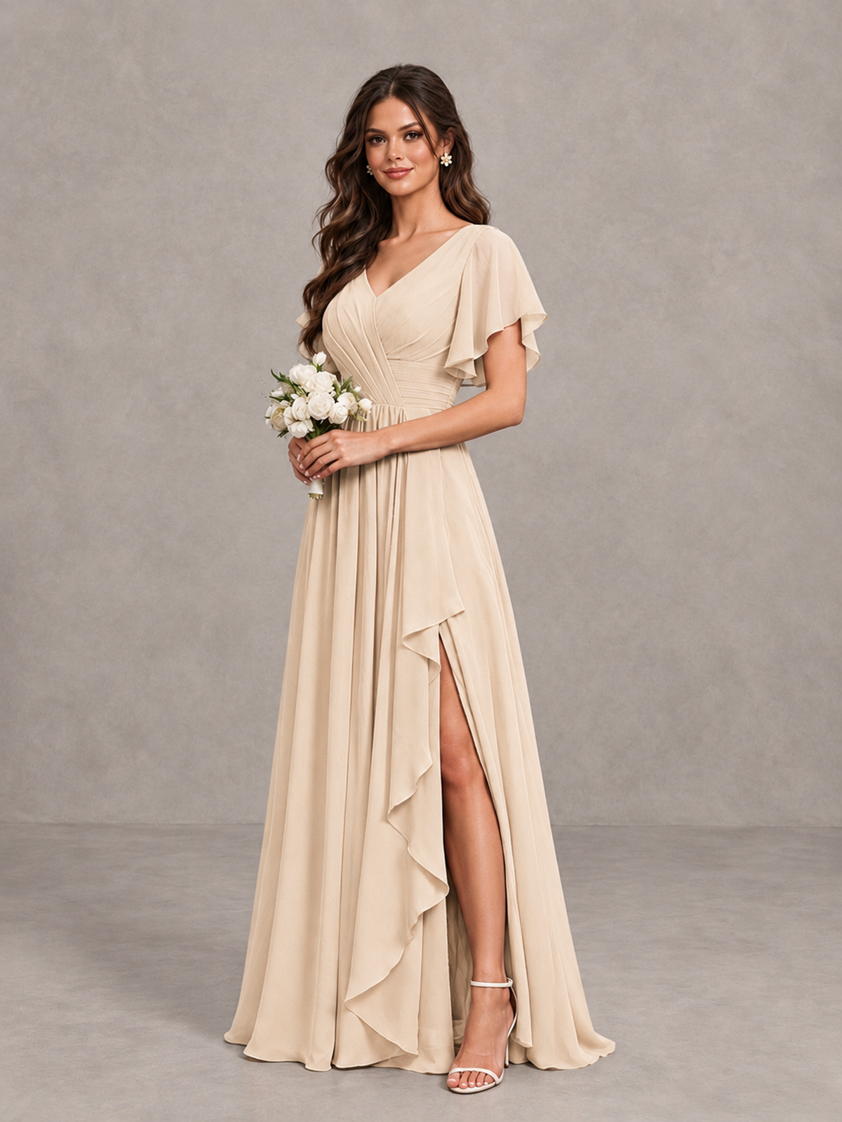 BOLODOO Champagne Flutter Sleeve V-Neck Bridesmaid Dress with Ruffle Slit - Champagne - Champagne_3
