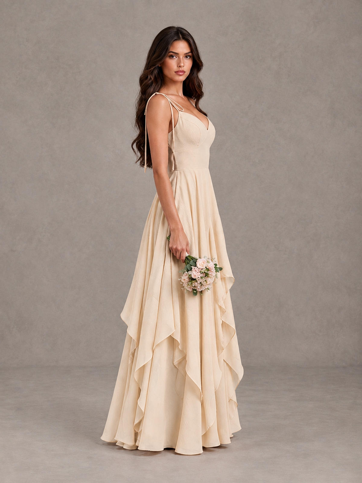BOLODOO Champagne Tie-Strap Ruffle A-Line Bridesmaid Dress - Champagne - Champagne_3