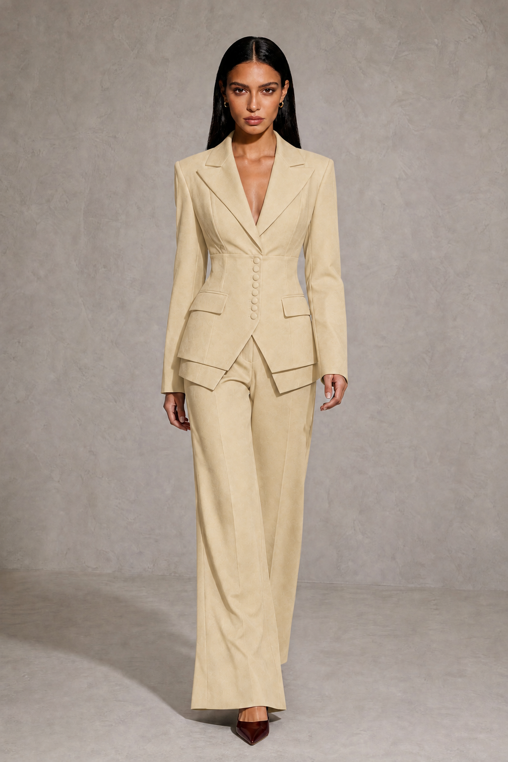 BOLODOO Champagne Cinched Waist Blazer and Wide Leg Pants Two Piece Suit Set - Champagne