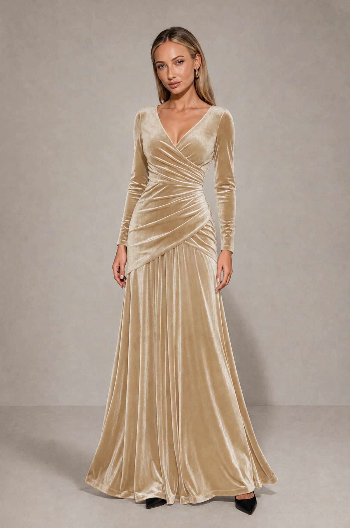 BOLODOO Champagne Velvet Long Sleeve V-Neck Ruched Evening Dress - Champagne - Champagne_3