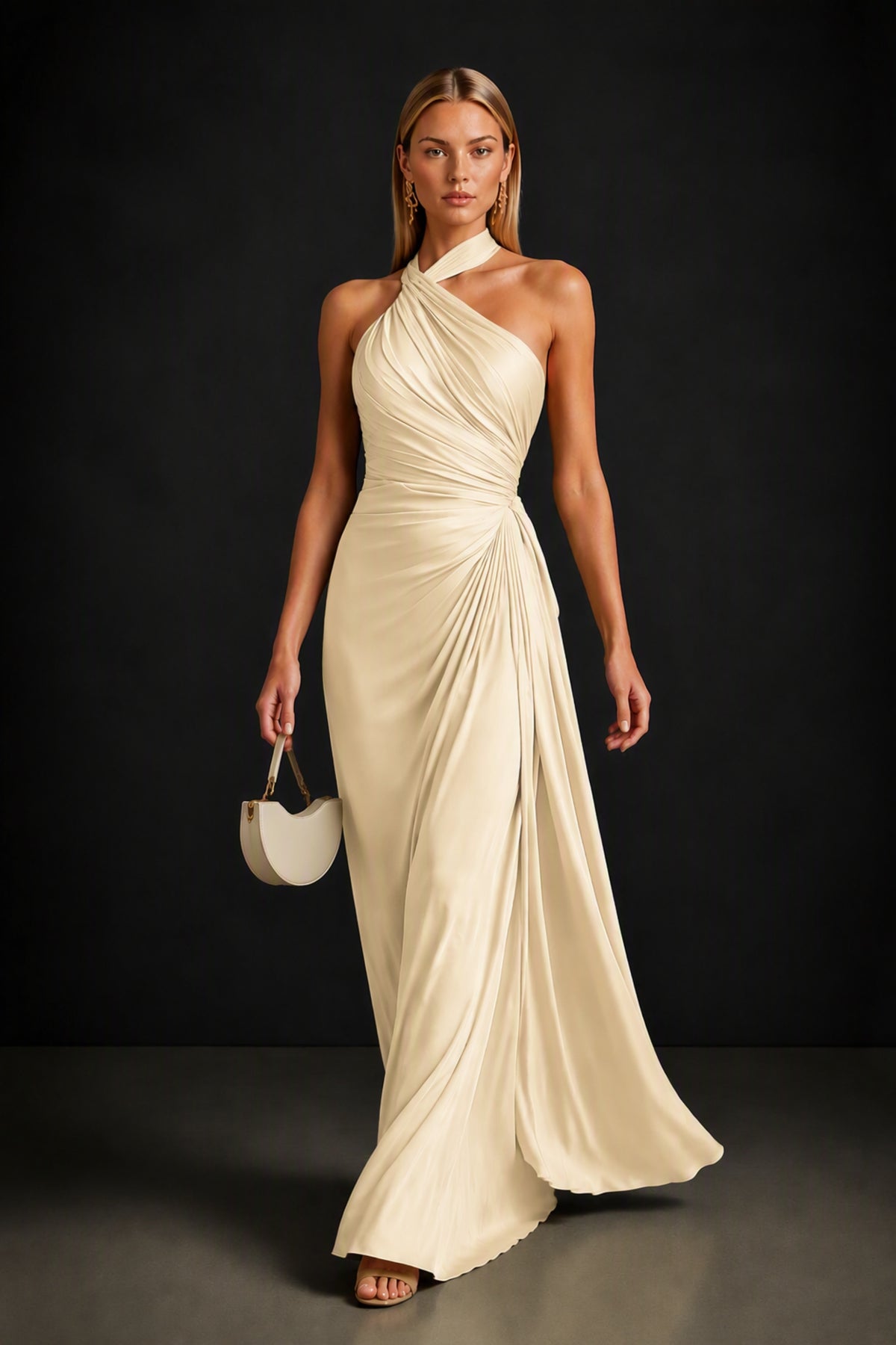 BOLODOO Champagne Twisted Halter Neck Ruched Sleeveless Open Back Floor-Length Gown - Champagne