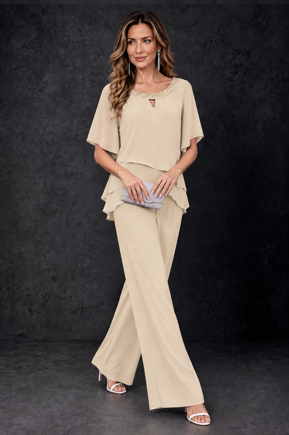 BOLODOO Champagne Layered Chiffon-Look Mother of the Bride Pantsuit - Champagne - Champagne_3