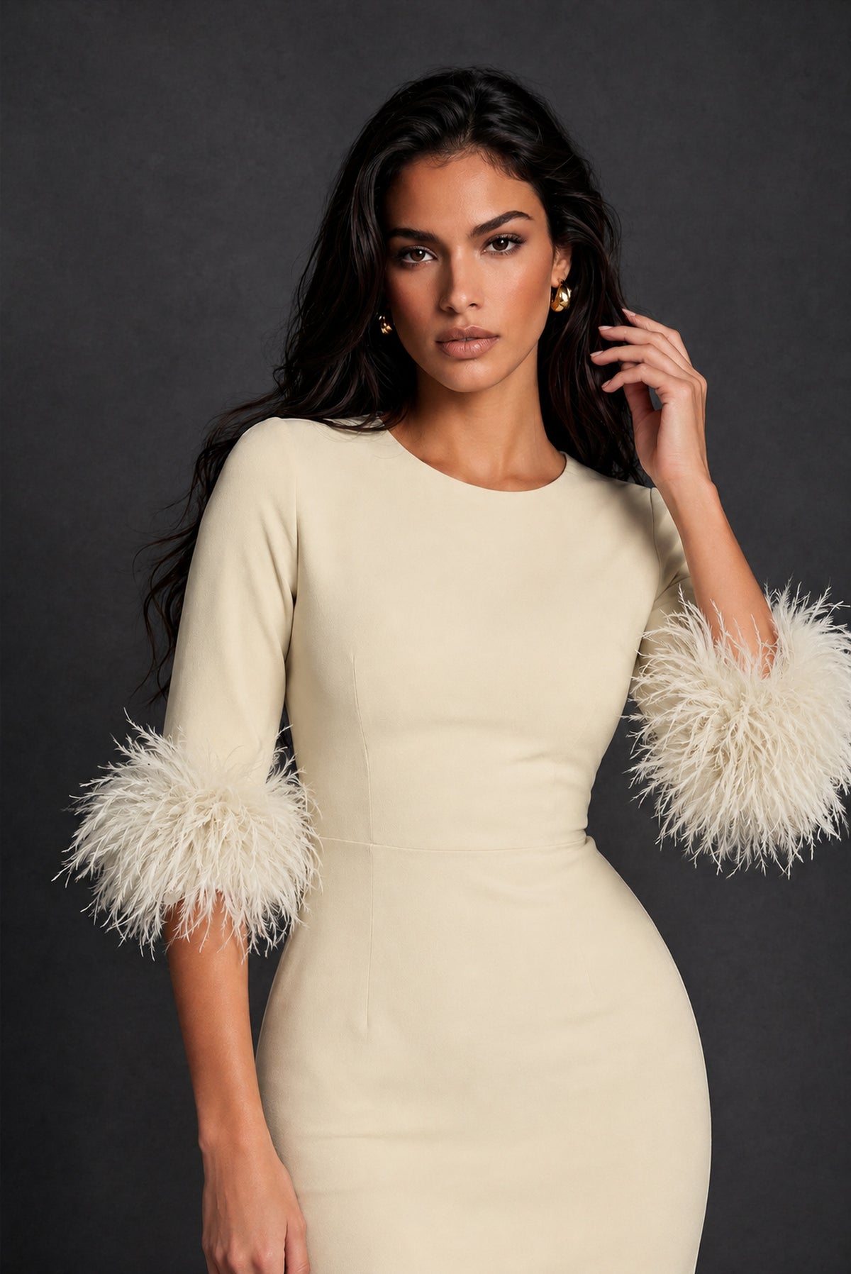 BOLODOO Champagne Ostrich Feather Cuff 3/4 Sleeve Round Neck Bodycon Midi Dress with Back Slit - Champagne