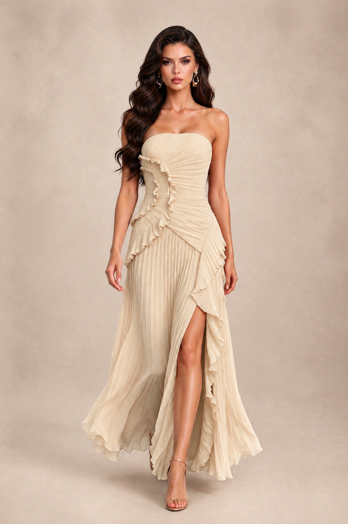 BOLODOO Champagne Strapless Ruffle Pleated Slit Evening Gown - Champagne - Champagne_3