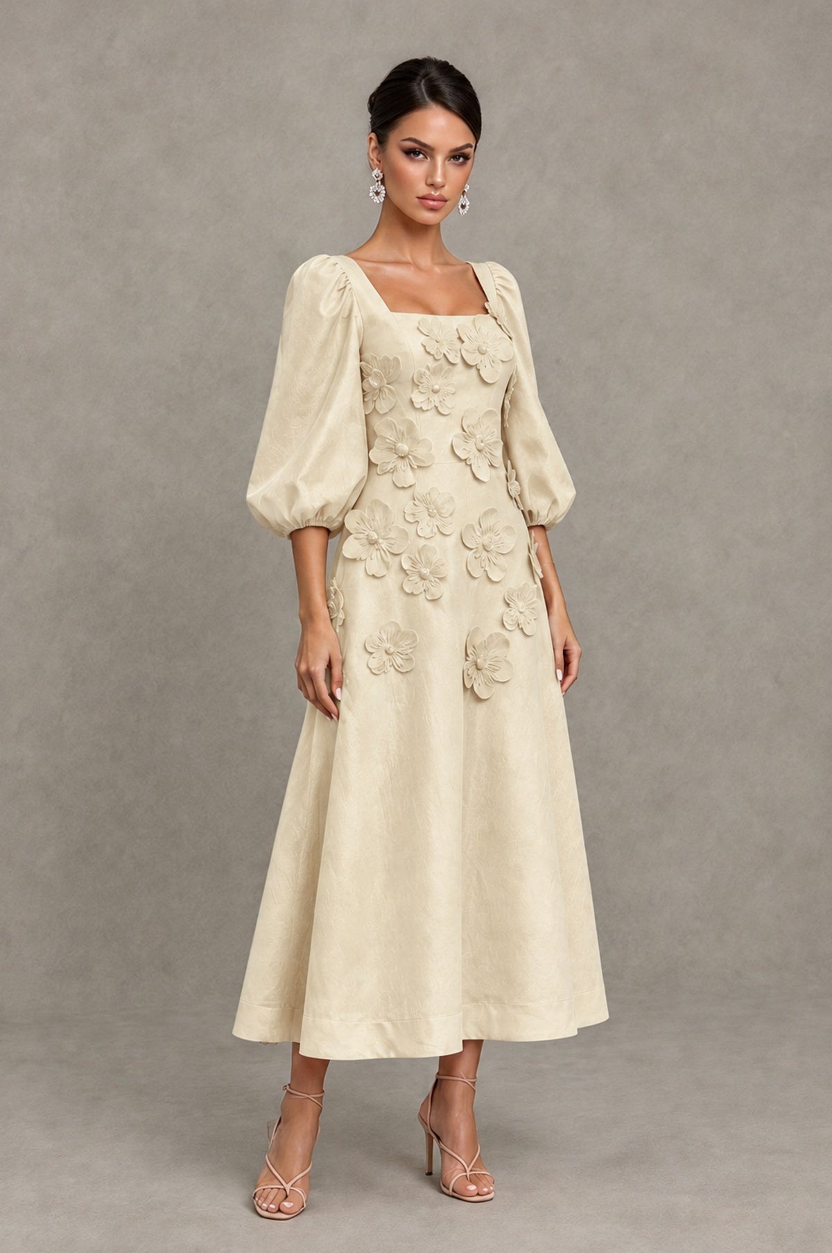BOLODOO Champagne 3D Floral Puff Sleeve Midi Cocktail Dress - Champagne - Champagne_3