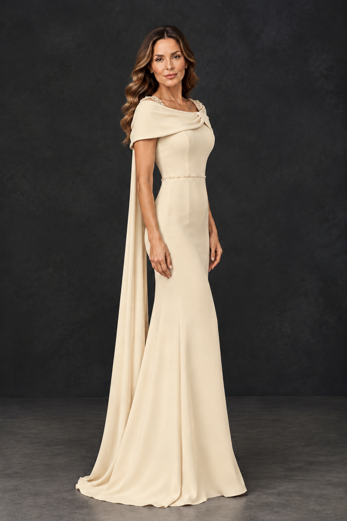 BOLODOO Champagne Mother of the Bride Dress with Draped Cape Detail - Champagne - Champagne_3