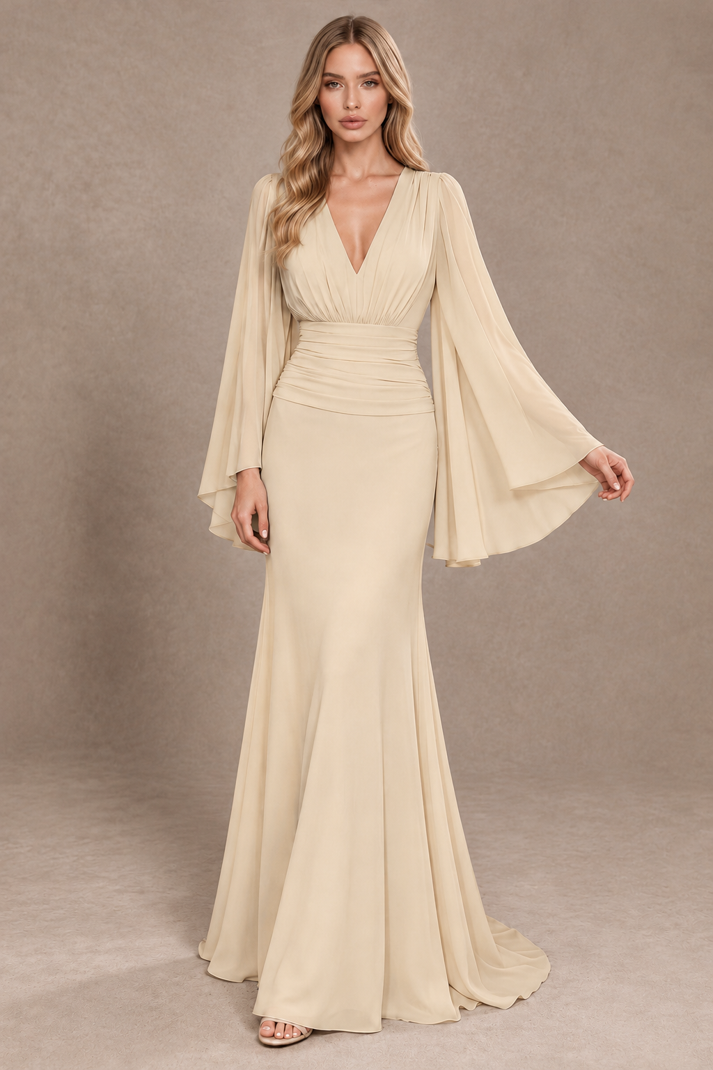 BOLODOO Champagne Cape Sleeve V-Neck Ruched Chiffon Evening Dress - Champagne - Champagne_3