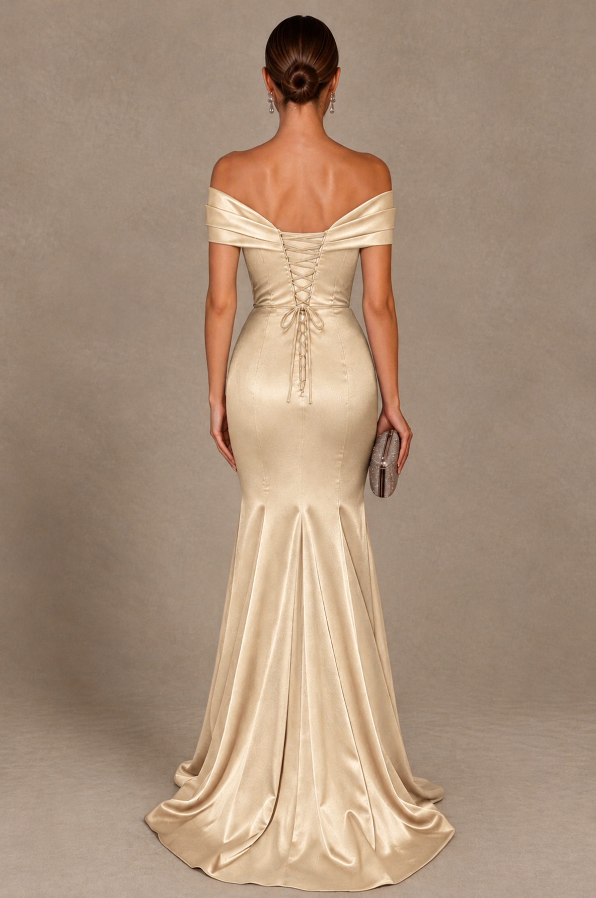 BOLODOO Champagne Off-the-Shoulder Ruched Satin Mermaid Evening Dress - Champagne - Champagne_3