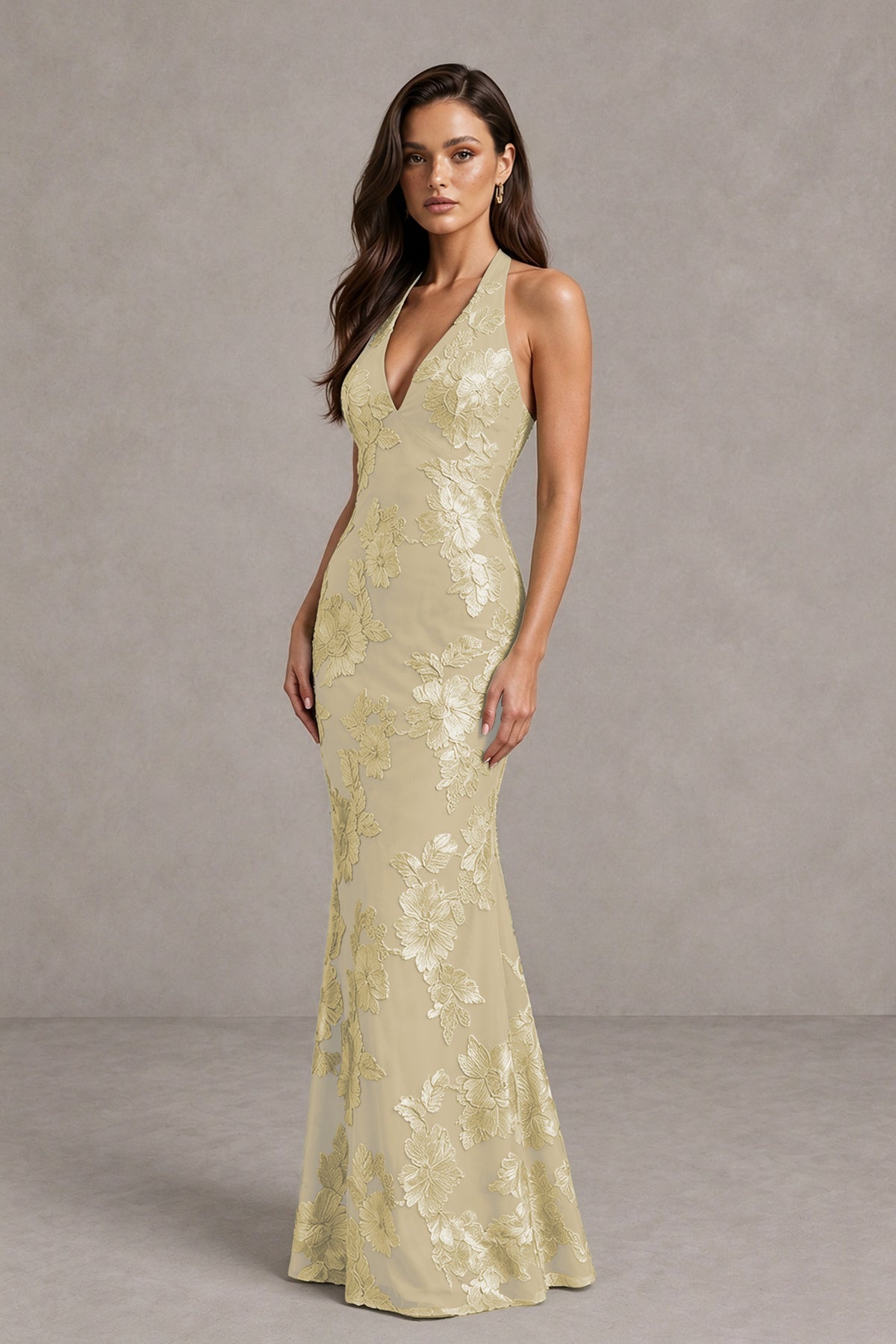 BOLODOO Champagne Floral Jacquard Halter Maxi Dress - Champagne - Champagne(3)