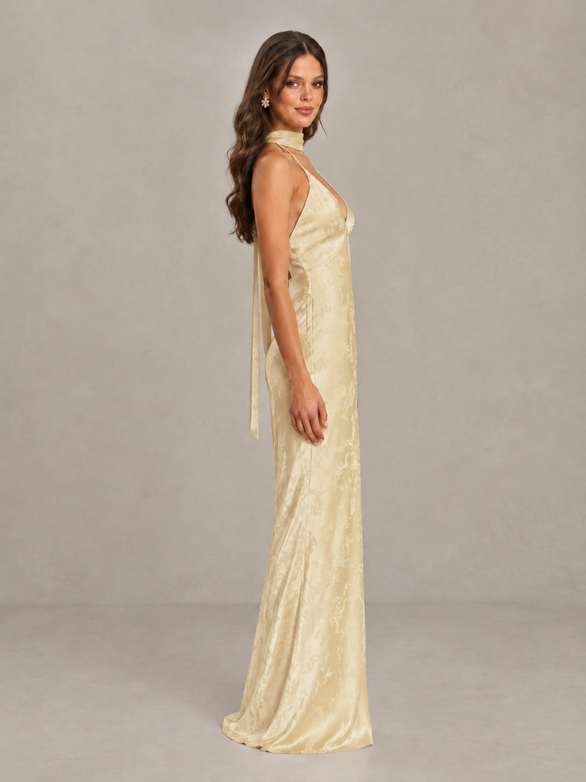 BOLODOO Champagne Floral Satin Open-Back Bridesmaid Dress - Champagne - Champagne_3