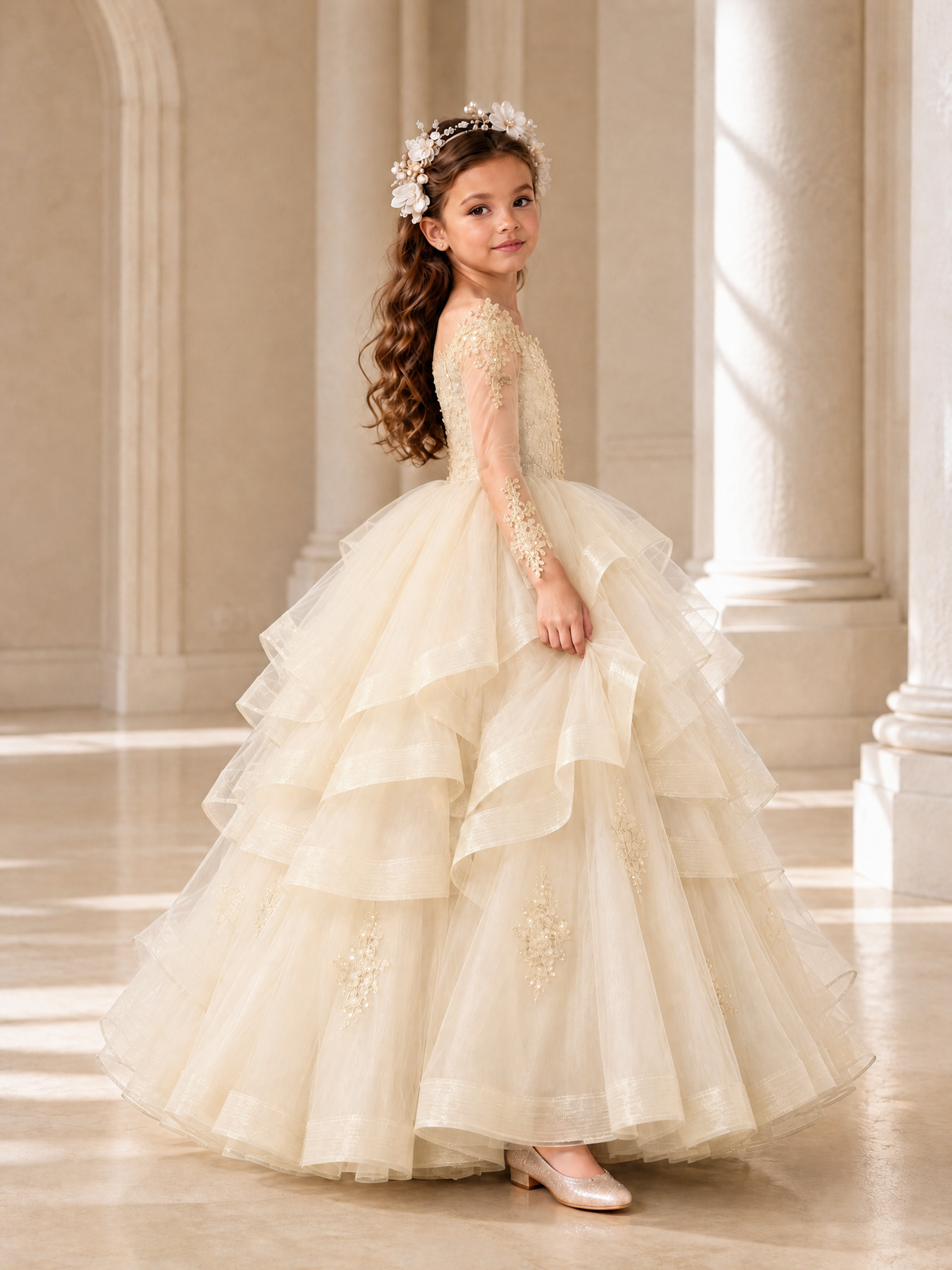 BOLODOO Champagne Lace Long Sleeve Tiered Flower Girl Dress - Champagne - Champagne_3