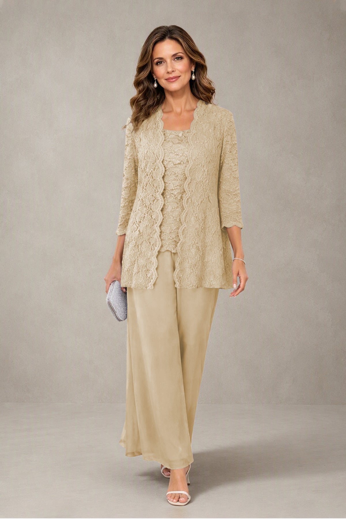 BOLODOO Champagne 3-Piece Lace Chiffon Pantsuit – Mother of the Bride Wedding Guest with Jacket - Champagne