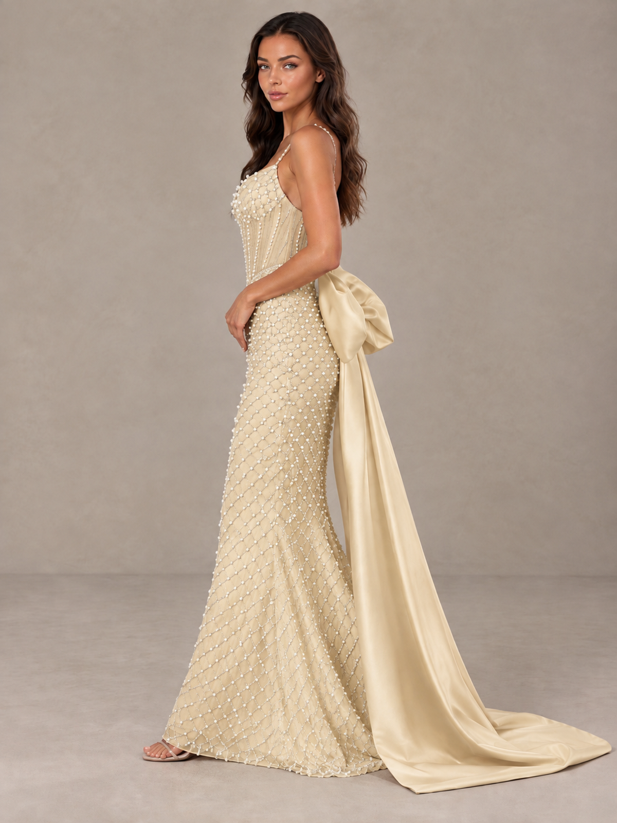 BOLODOO Champagne Beaded Corset Prom Dress with Bow Train - Champagne - Champagne_3