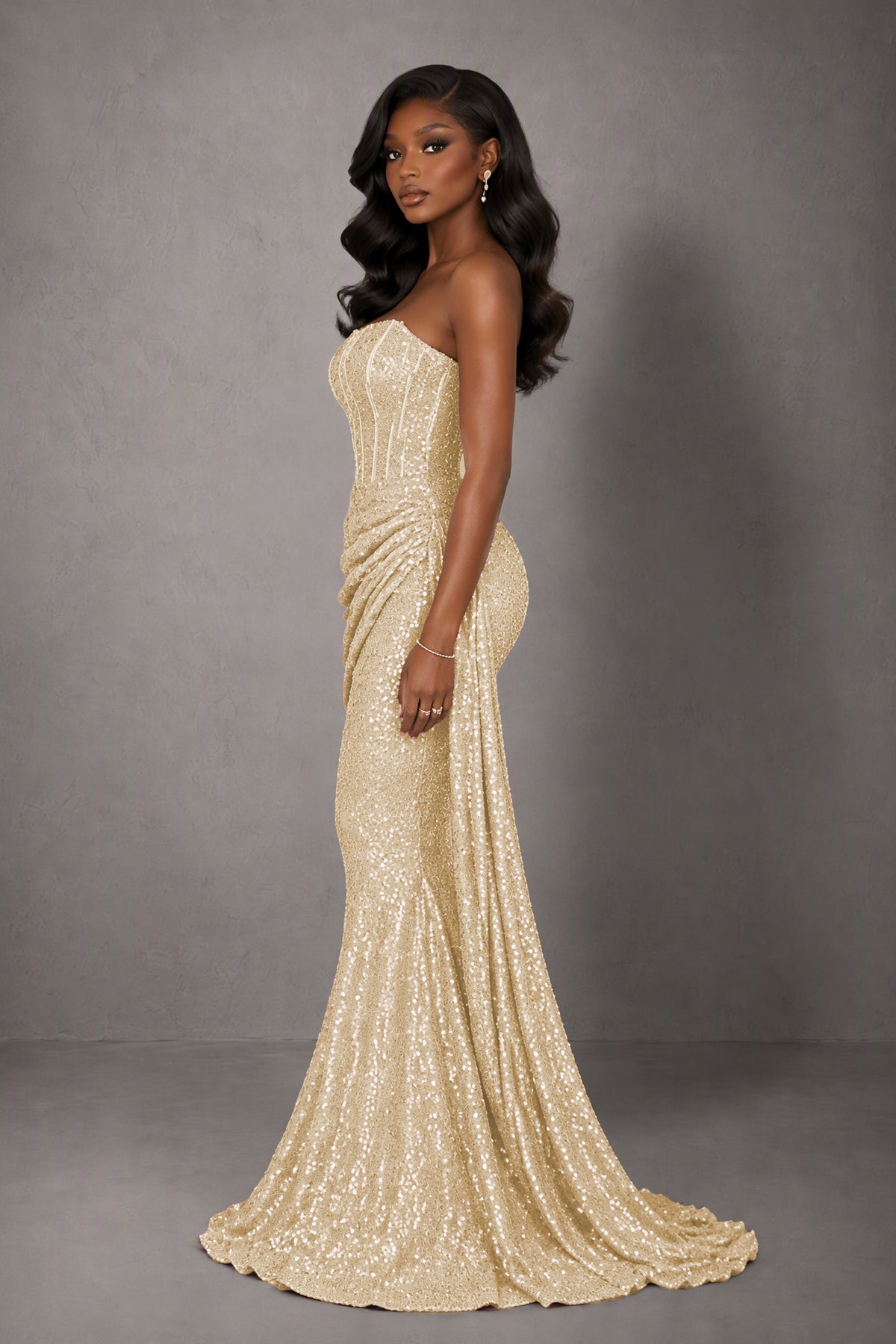 BOLODOO Champagne Sequin Strapless Corset Mermaid Evening Gown with Train - Champagne
