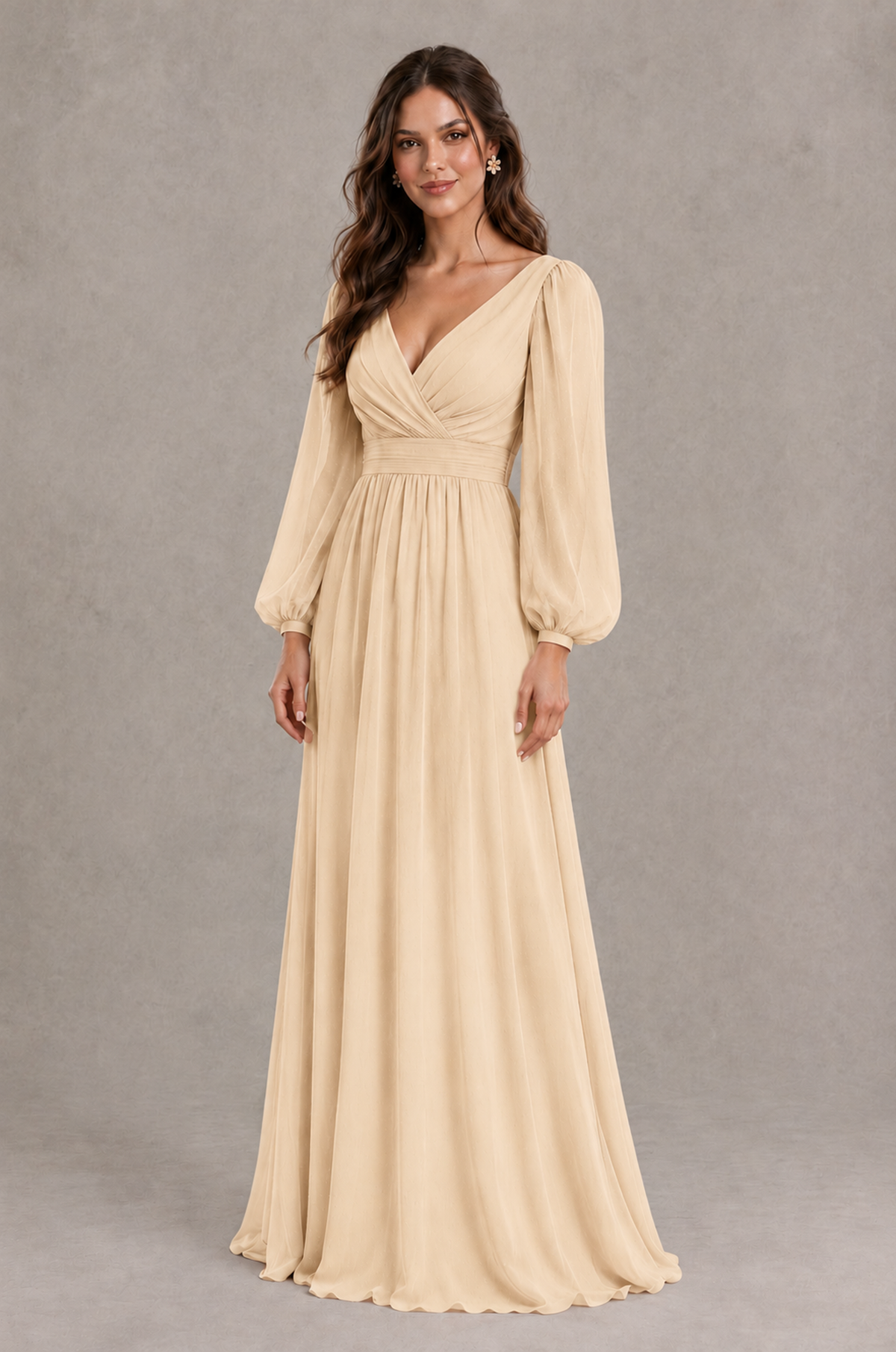 BOLODOO Champagne Long Sleeve V-Neck A-Line Bridesmaid Dress - Champagne - Champagne_3
