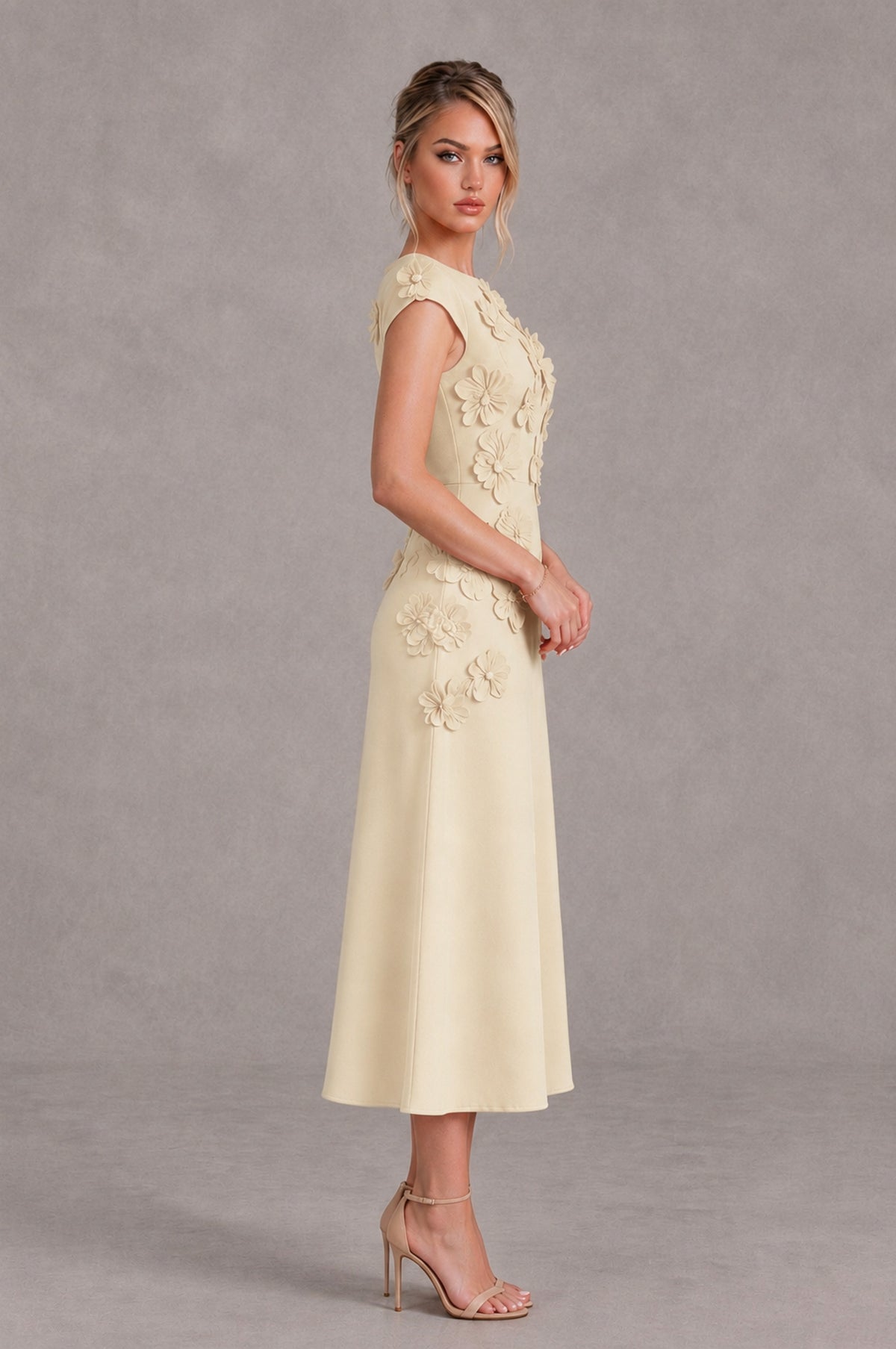 BOLODOO Champagne 3D Floral Cap Sleeve Midi Cocktail Dress - Champagne - Champagne_3