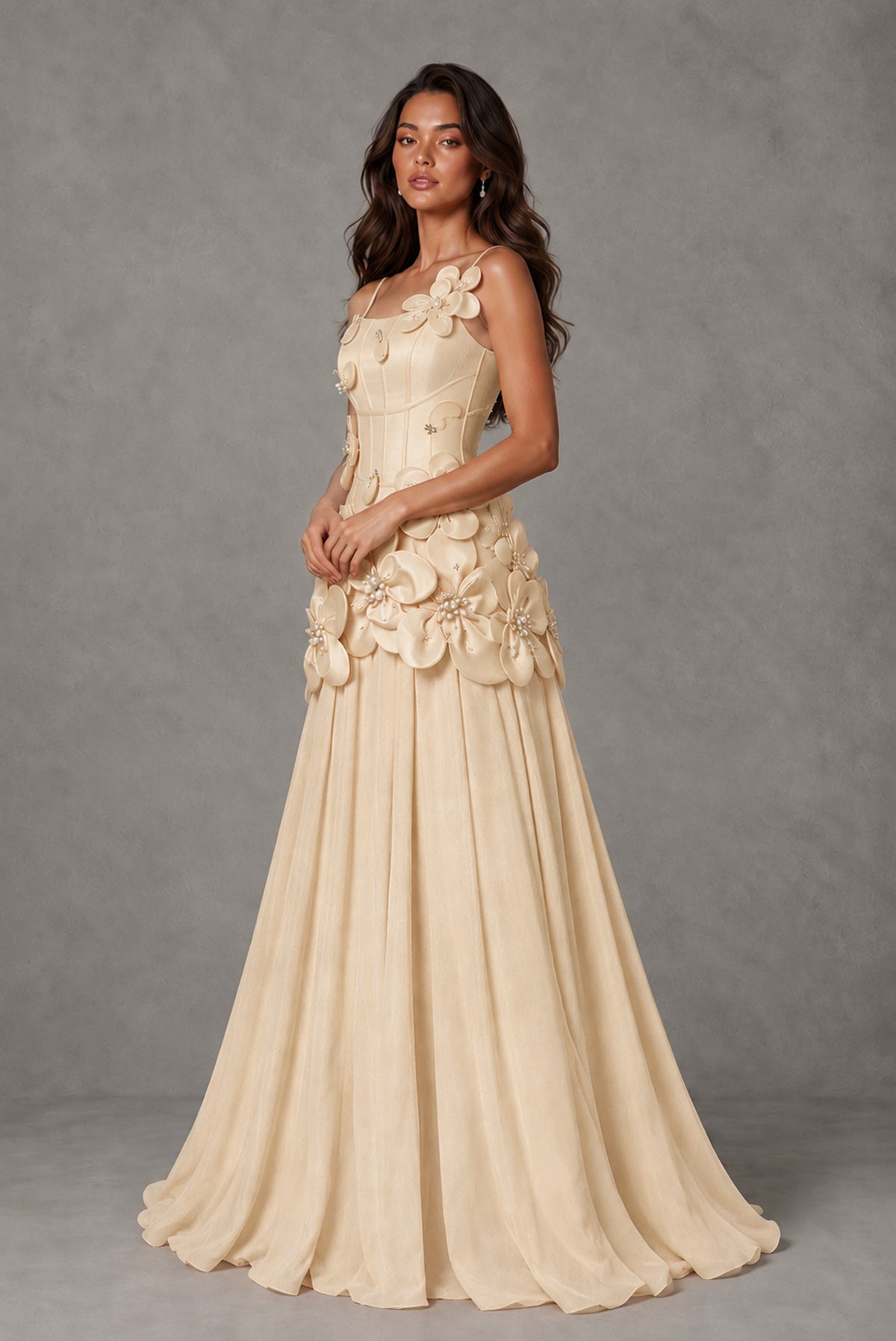BOLODOO Champagne 3D Floral Appliqué Floor-Length A-Line Evening Gown - Champagne