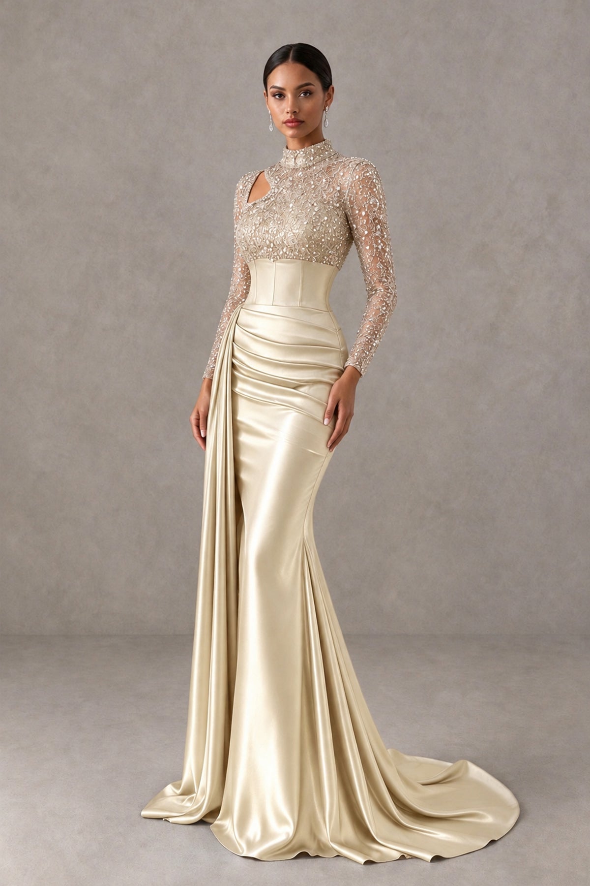 BOLODOO Champagne Long Sleeve Embellished Satin Mermaid Evening Gown - Champagne - Champagne_3