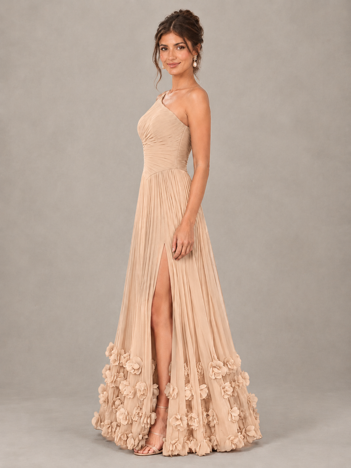 BOLODOO Champagne One-Shoulder Pleated Bridesmaid Dress with 3D Floral Hem - Champagne - Champagne_3